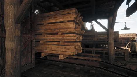 wooden beams stacked in an old wooden warehouse