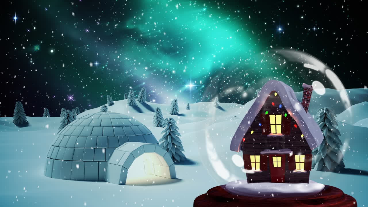 animación de navidad de la cabaña en el globo de nieve en el bosque mágico 4k