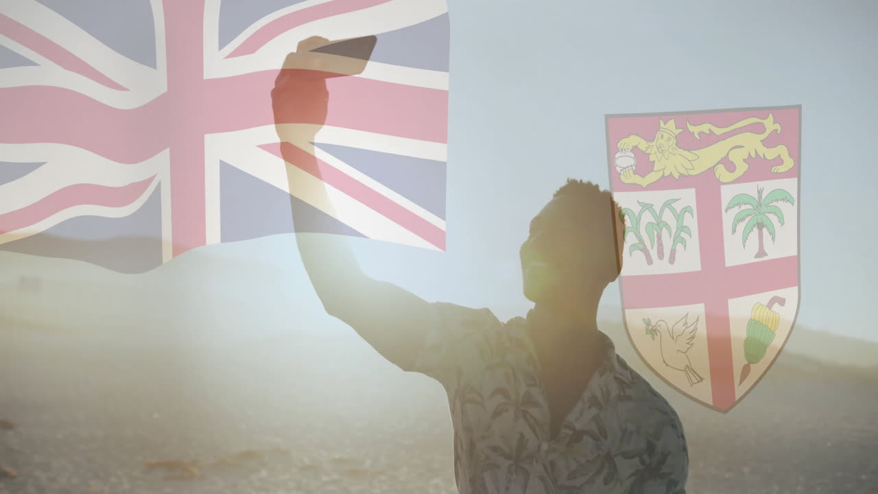 Taking selfie, person with British flag and Fiji coat of arms animation