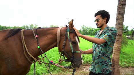 Young-handsome-man-with-brown-horse