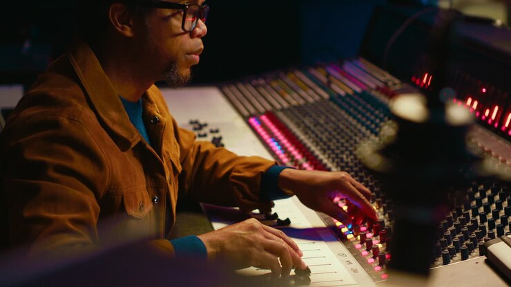 Music producer using audio mixer in professional studio