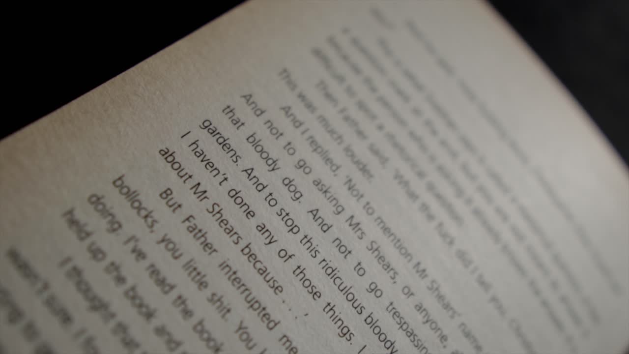 Macro closeup of text page in a book, slide down soft focus to right side