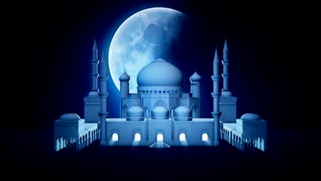 beautiful mosque and big rotating moon on night star sky. ramadan kareem islamic motion background. 3d animation.