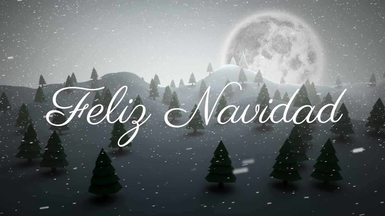 Animation of snow falling over feliz navidad text and full moon in winter scenery background