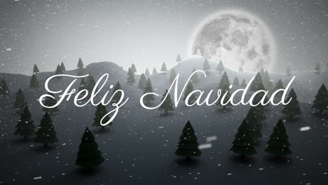 Animation of snow falling over feliz navidad text and full moon in winter scenery background