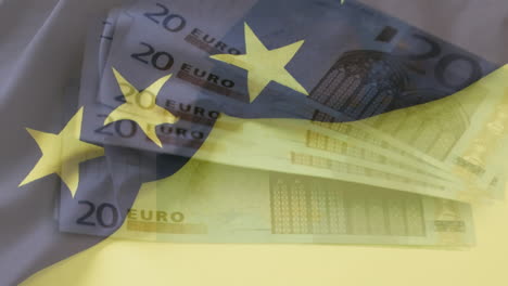animación de la bandera de la unión europea, el euro y el procesamiento de datos financieros.