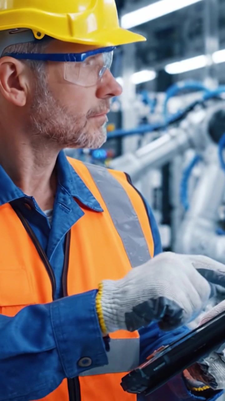 Lavoratore concentrato con equipaggiamento di sicurezza che usa un tablet in un ambiente industriale, evidenziando l'integrazione della tecnologia nei processi di produzione e nelle operazioni di controllo qualità.