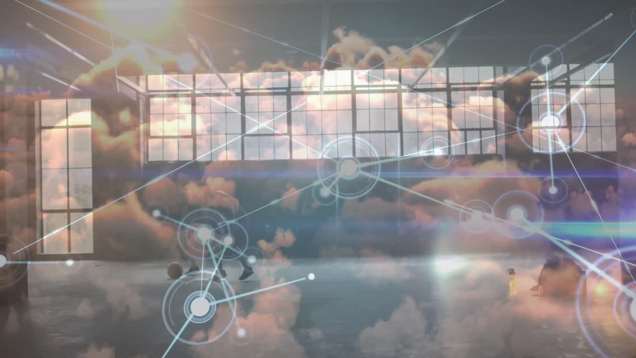 클라우드와 체육관에서 남자 농구 선수에 대한 데이터 처리 애니메이션