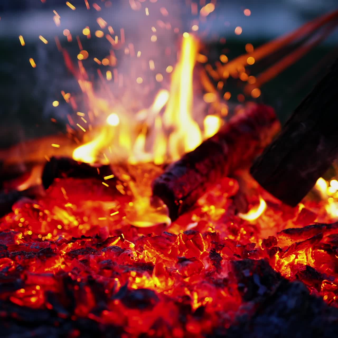 Burning fire with sparkles. Man breaks burning logs with a stick in the evening. Glowing wood in charcoal. Red charcoals in fire on dark background. Close-up