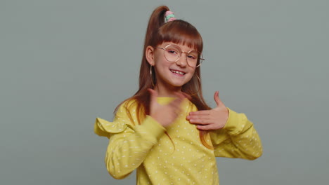 child kid girl proud of victory bragging own success win achievements pointing fingers on herself