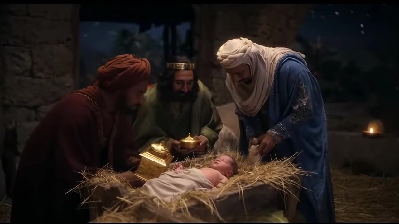 Les Rois Mages rendant visite à l'Enfant Jésus dans une crèche