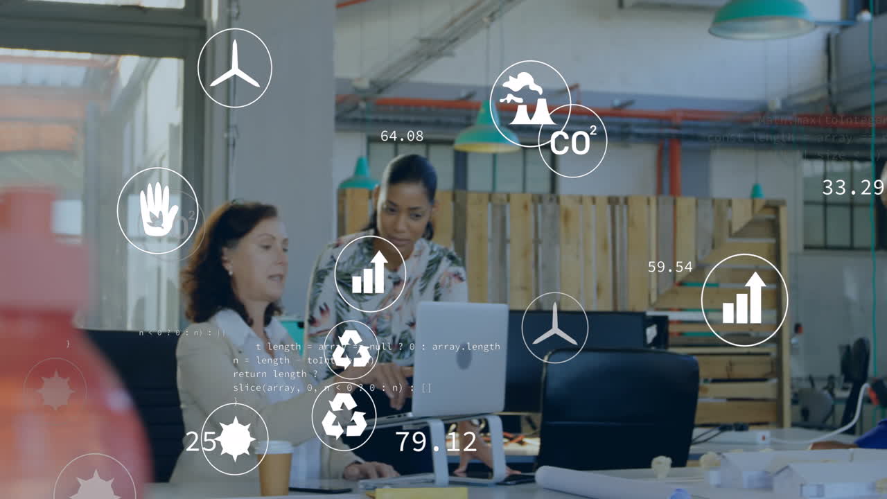 Animation of ecology icons over diverse business people discussing work