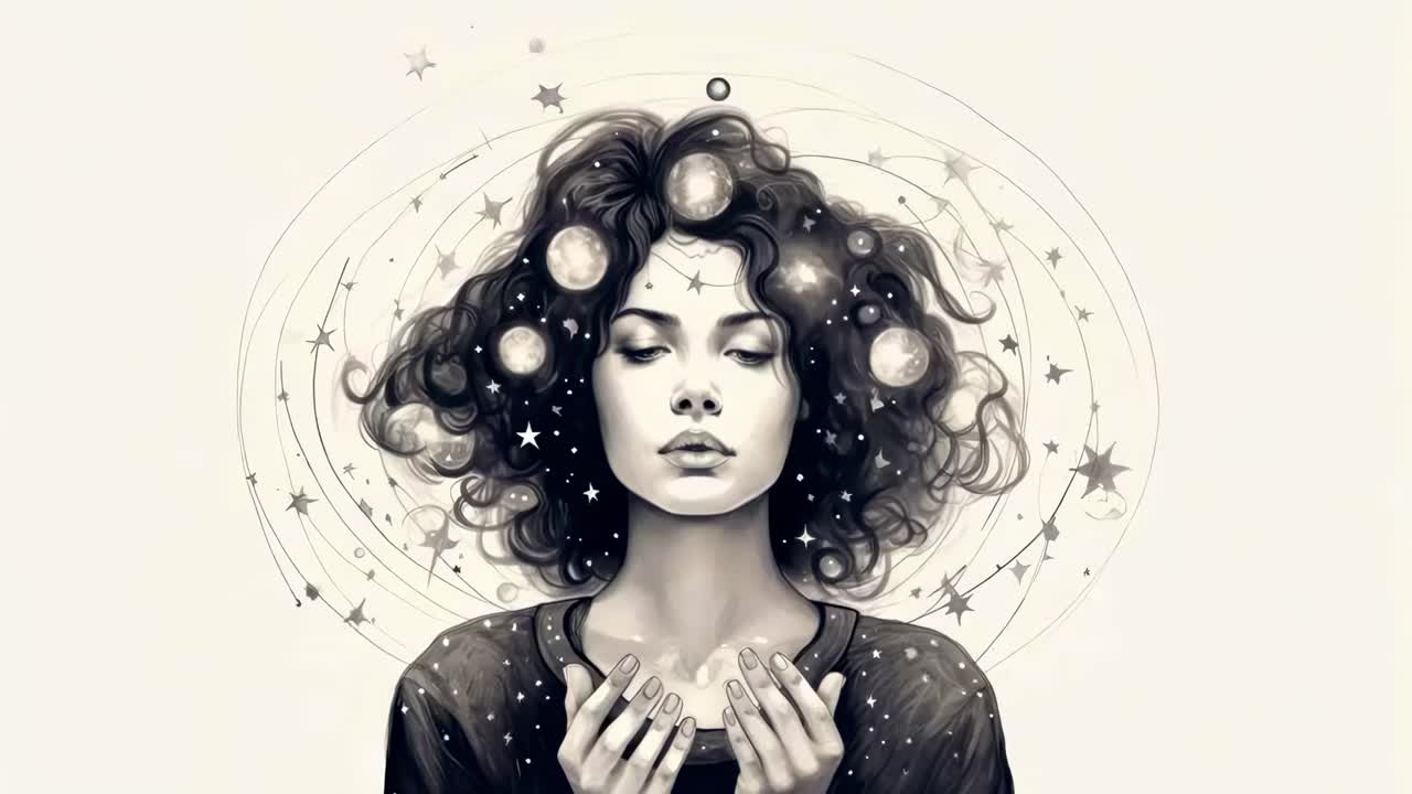 Concept video surreale con angolazione della camera frontale. Una donna con elementi cosmici tra i capelli