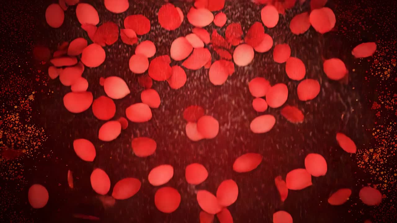 Falling red petals entering, drifting into dense curtain over textured red backdrop, speckled edges