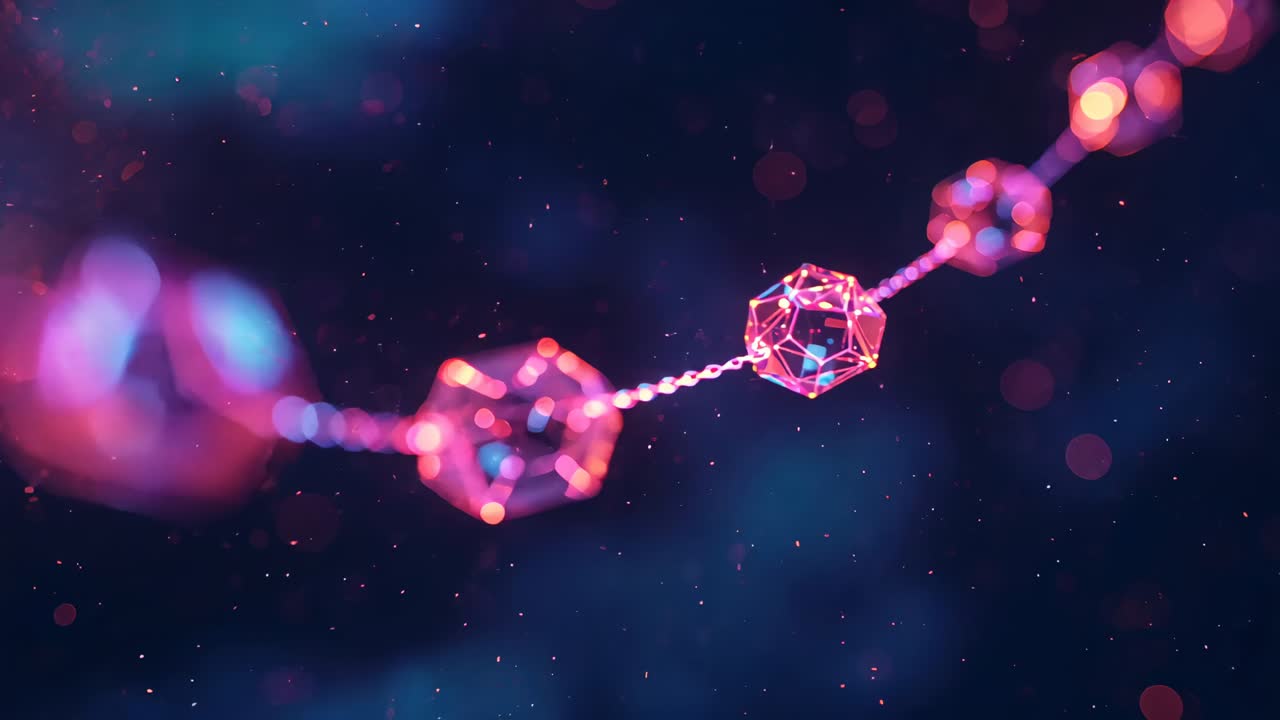 Pulsing pink cord drawing dodecahedron then sliding cube rotating along blue field, amid lights