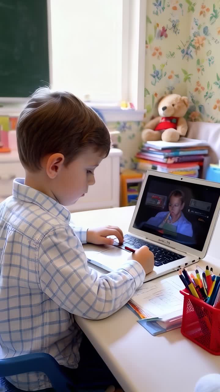 A young boy is sitting at a desk with a laptop and a notebook, boy doing homework