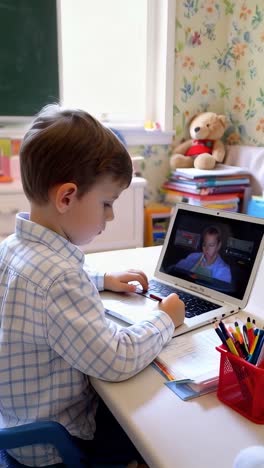 a young boy is sitting at a desk with a laptop and a notebook, boy doing homework