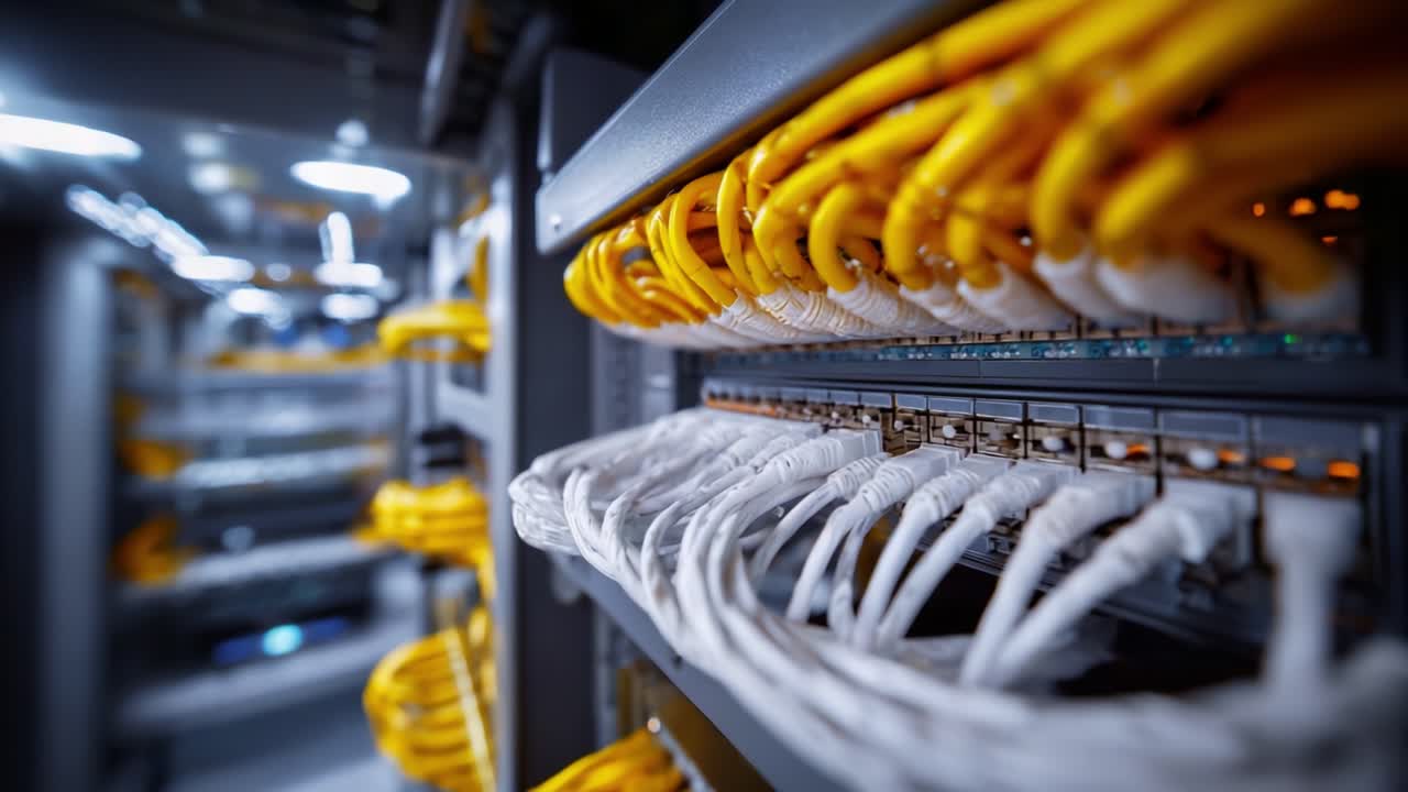 A Close-Up View of Network Switches and Cables with High-Definition Clarity, Showcasing Organized Connections and Modern Data Center Infrastructure