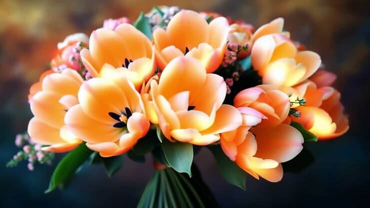 Eleganter Strauß orangefarbener Tulpen. Ein lebendiger Strauß mit orangefarbenen Tulpen und zarten Füllblumen, der florale Kunst und Farbharmonie hervorhebt.