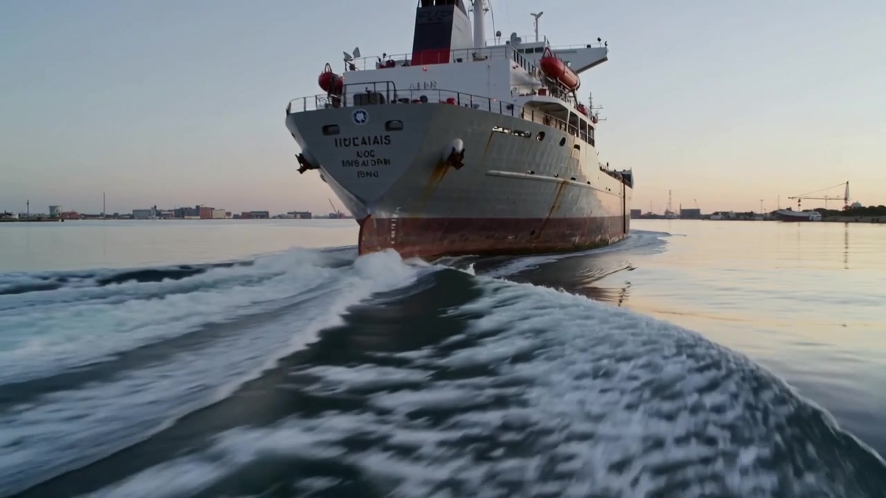 Propellers churning large ship moving through harbor at sunrise, showing lifeboats and rusted hull