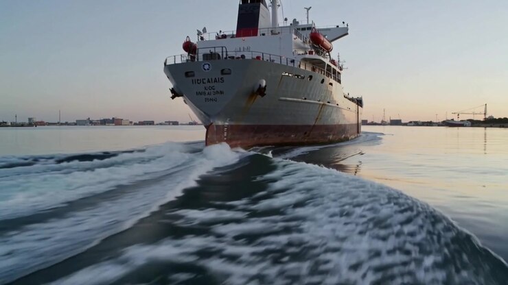 Propellers churning large ship moving through harbor at sunrise, showing lifeboats and rusted hull