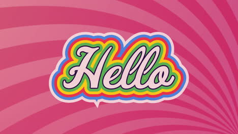 animation of hello text banner over radial rays in seamless pattern on pink background