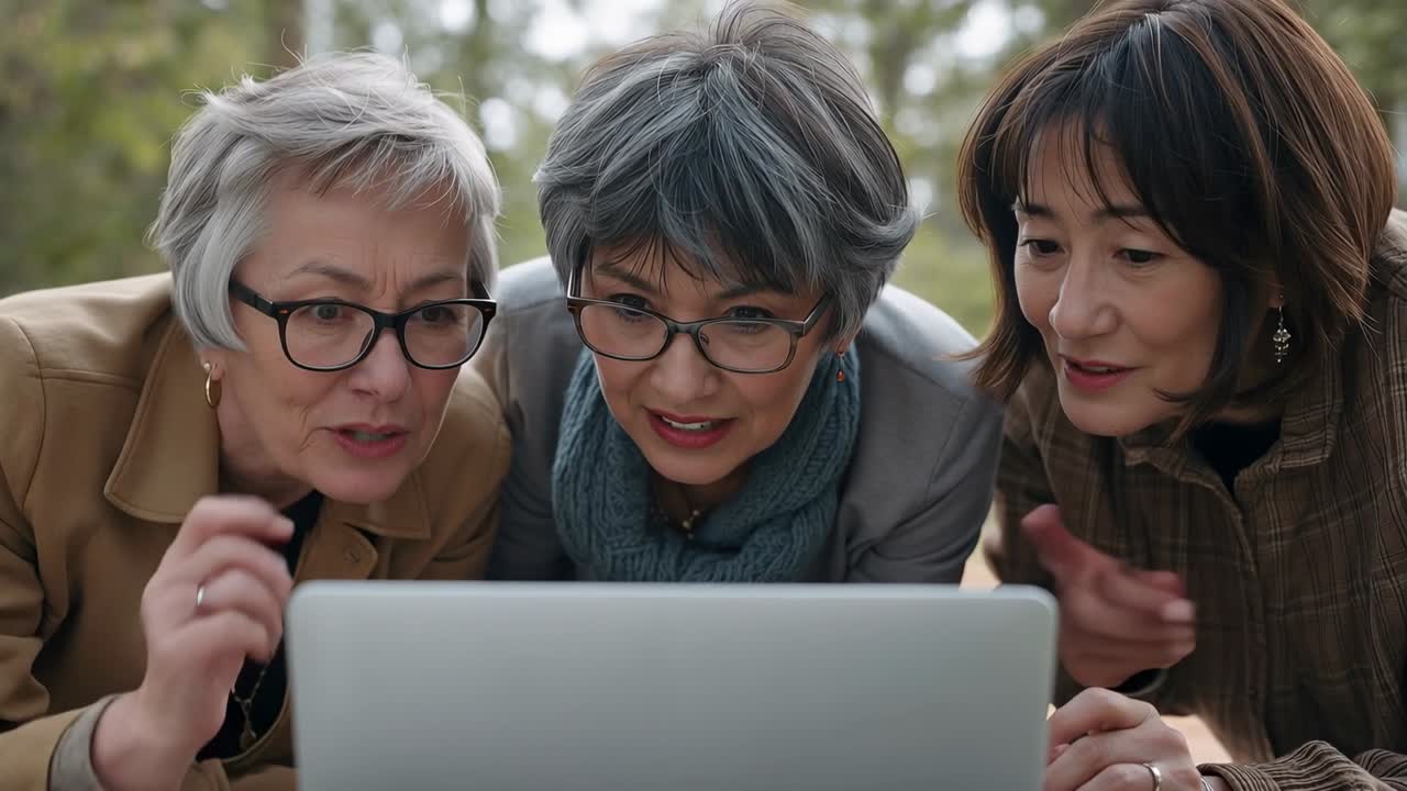 Tre anziani si chinano su un laptop al parco, sorridendo e indicando, con occhiali e sciarpa blu.