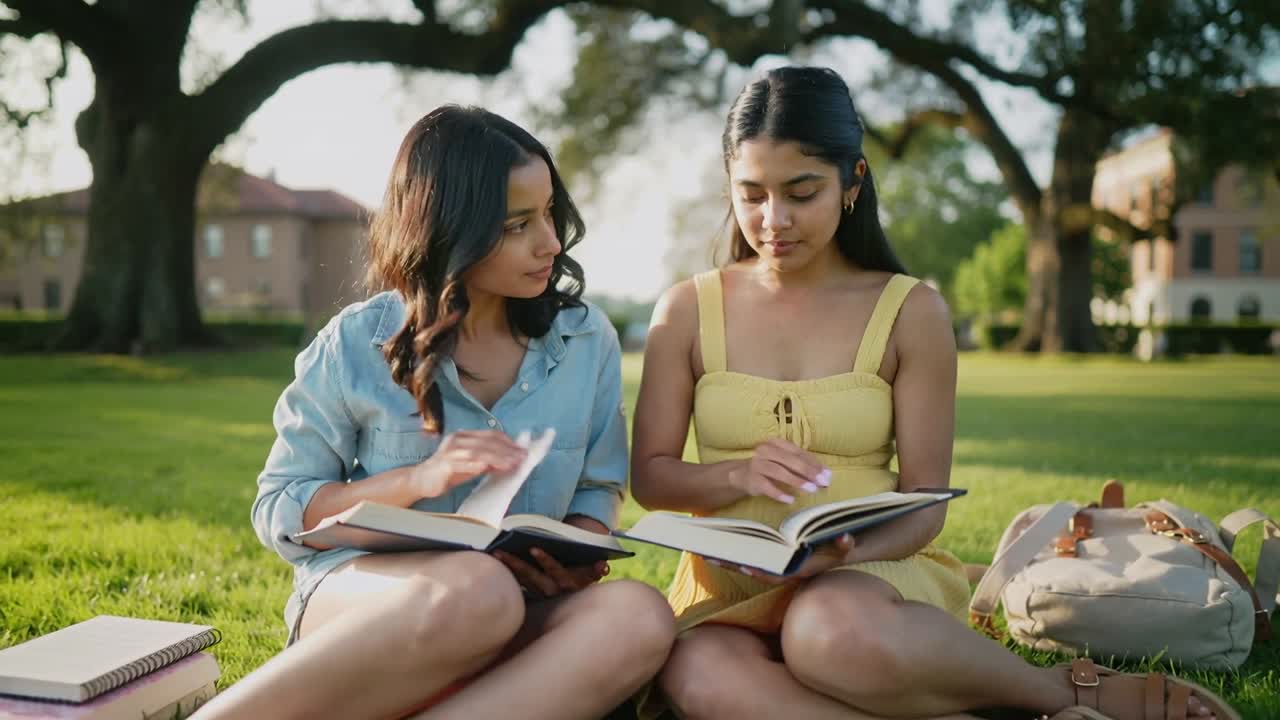 Dos estudiantes en el campus intercambian una mirada, una de ellas con un vestido amarillo usando un marcador rosa y revisando apuntes.