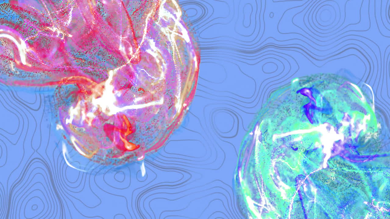 파란색 배경 위에 움직이는 반이는 빛의 흔적의 애니메이션