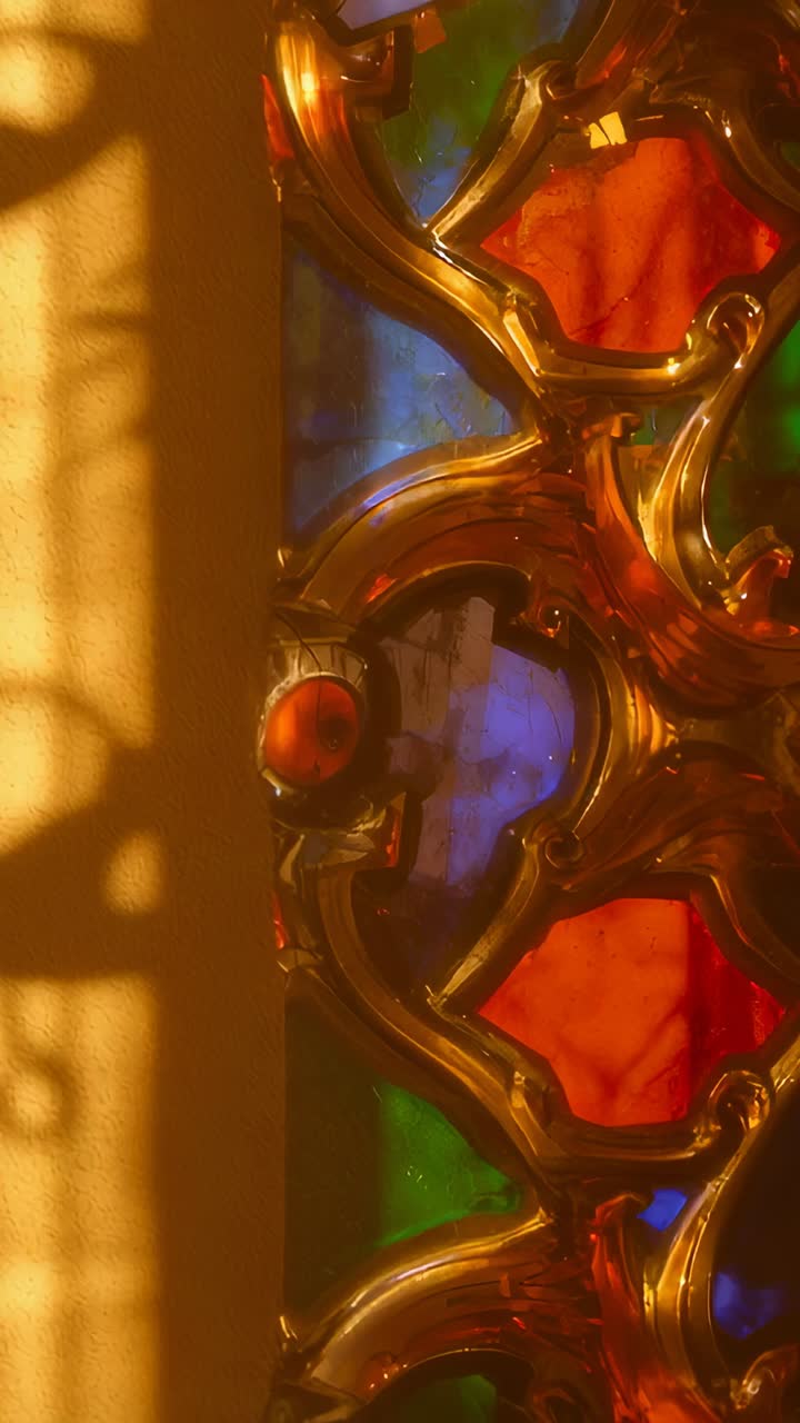 Vertical video: Shifting camera revealing stained glass window inside room, gold filigree glinting