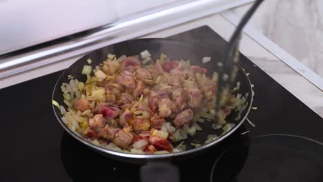 stirring onions and pork in a hot pan