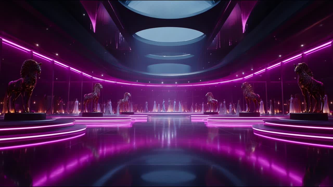 Elegant Interior Design with Purple Lighting and Statues