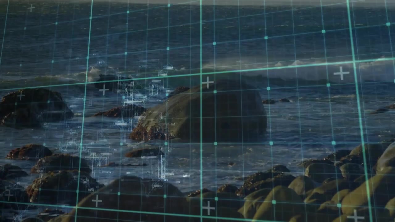Upon grid appearing over rocky shore overlay pulsing as waves lapping and nodes analyzing data