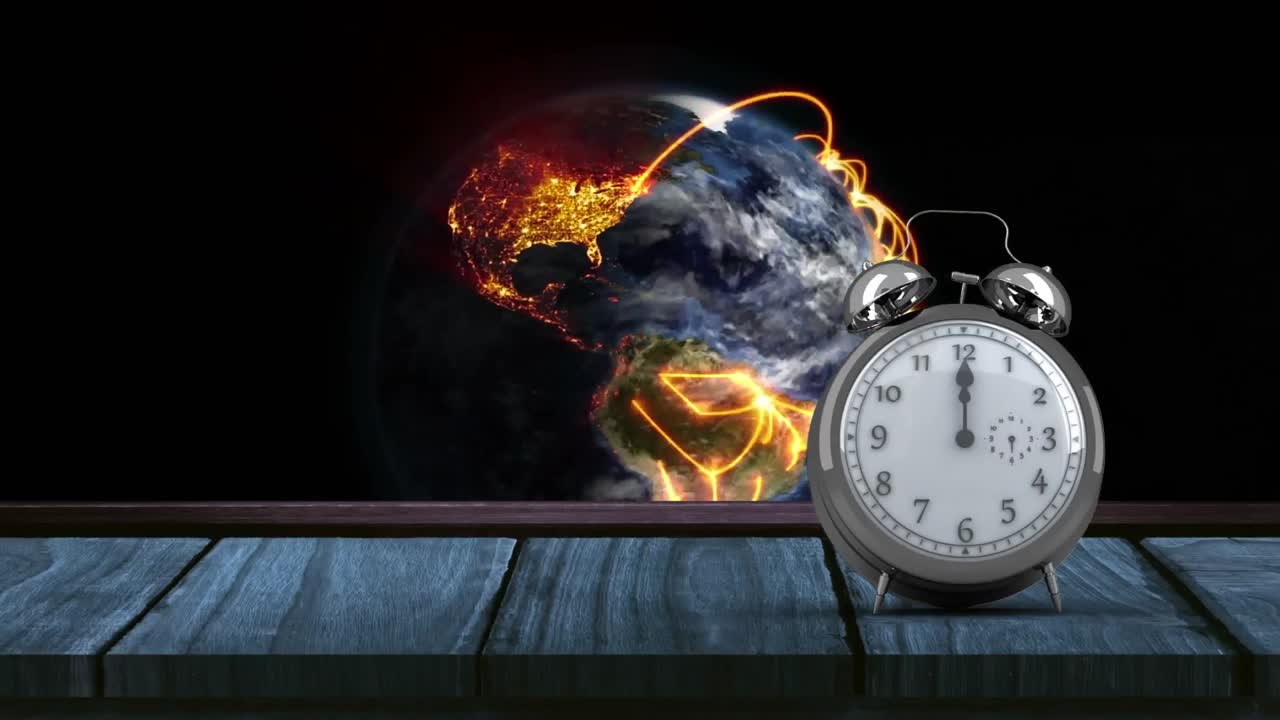 블랙 배경에 빛나는 연결 네트워크와 함께 빈티지 알람 시계와 글로브의 애니메이션