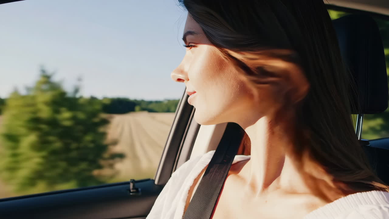 Woman Enjoying Scenic Views from Car Window on a Road Trip