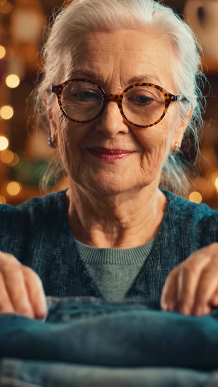 Una mujer con gafas reflexiona cálidamente mientras dobla cuidadosamente tela vaquera, rodeada de suaves luces brillantes que crean un ambiente acogedor y atractivo