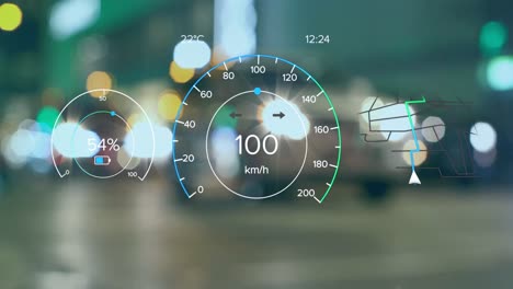 Animation-of-speedometer,-navigation-pattern,-vehicles-stopped-on-signal-and-people-crossing-street