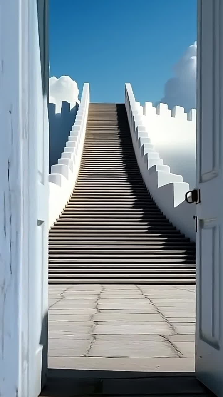 Staircase leading to a blue sky backdrop. A striking view of a staircase ascending towards a vibrant blue sky filled with fluffy clouds, framed by white doorways.