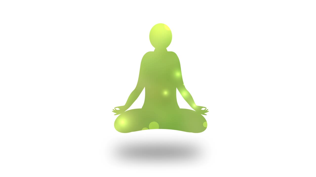 Animazione di yoga per calmare la mente, isolata su sfondo bianco con cerchi fluttuanti di colore verde.