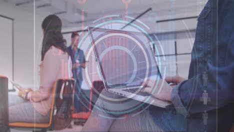 Animation-of-round-scanner-over-mid-section-of-a-woman-using-a-laptop-in-meeting-room-at-office