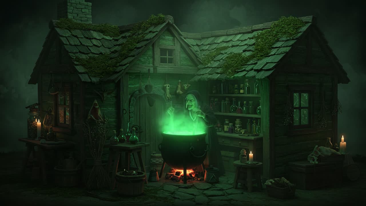 A Mysterious Witch Brewing Potions in an Enchanted Cottage Under a Green Glow, Surrounded by Magical Ingredients and Decorated Shelves Filled with Dark Secrets