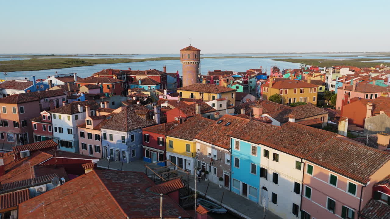 Colorful Houses On Burano Island, Venice, Veneto Region, Italy - Aerial Shot