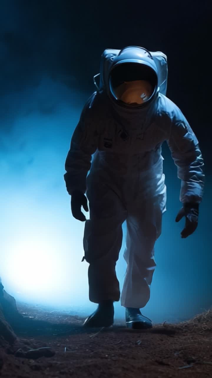Un astronauta navega a través de un terreno misterioso iluminado por una inquietante luz azul, capturando la esencia de la exploración y lo desconocido en una imagen impresionante.