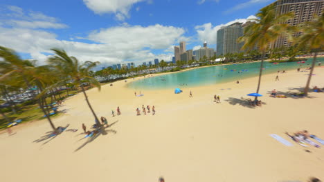 flying over waikiki beach, fpv drone over hotel and lagoon, beach and ocean in sport mode