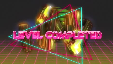 digital animation of level completed over neon triangles against golden crystals and grid network