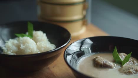 asian cuisine, sticky rice with durian in coconut milk