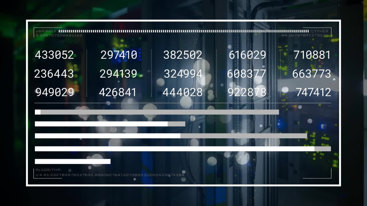 animación del procesamiento de datos y puntos de luz sobre la sala del servidor sobre fondo negro