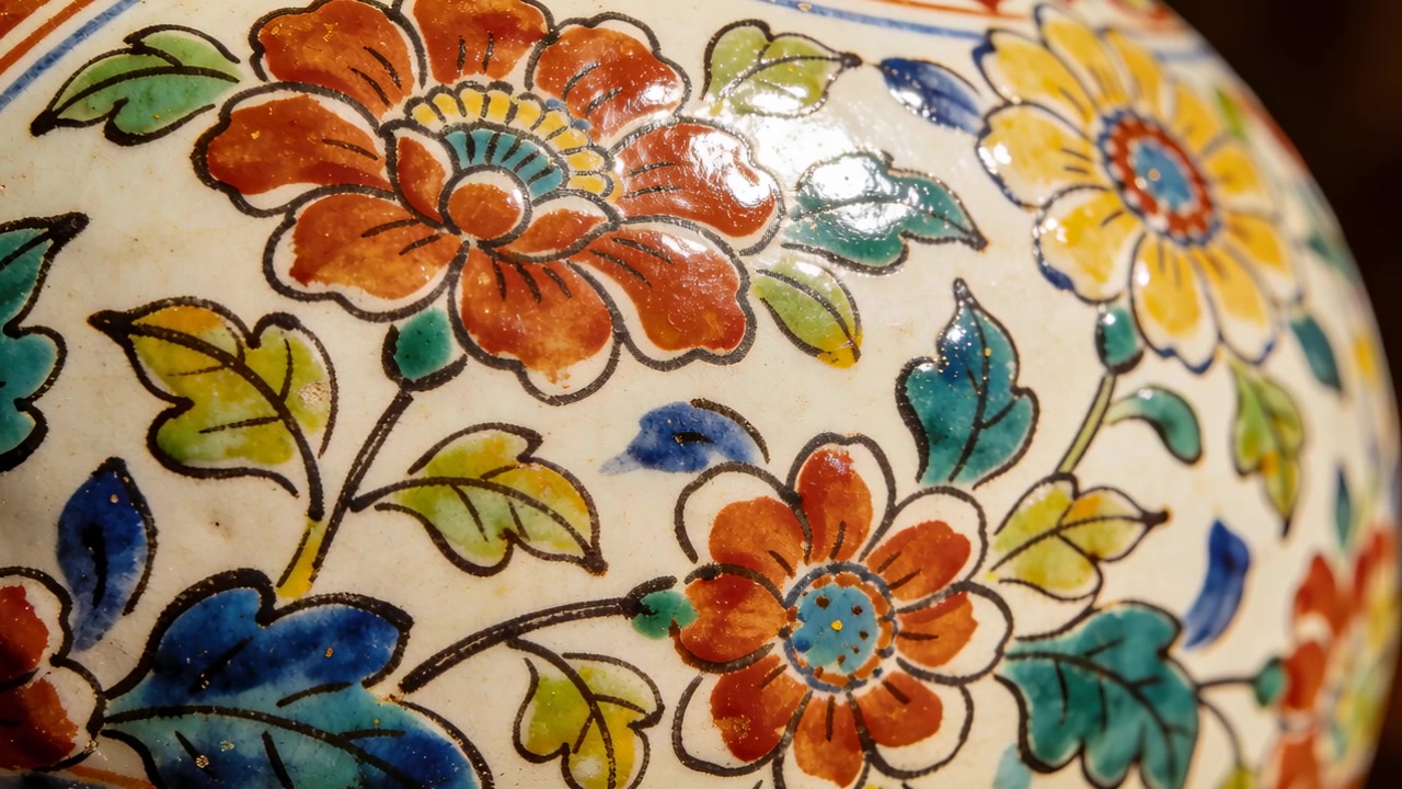 Kamera nærmer seg sakte et glasert kar på bordet, viser blomstermotiv og kantstripe for katalog.
