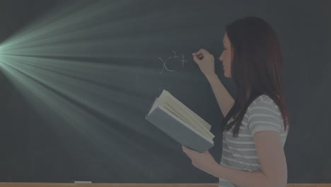 animation of female school teacher writing mathematics formulae on blackboard holding a book