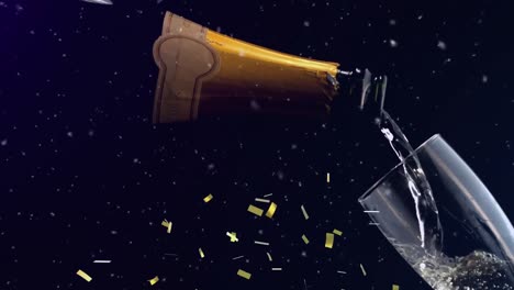 golden confetti falling over champagne pouring into a glass against black background